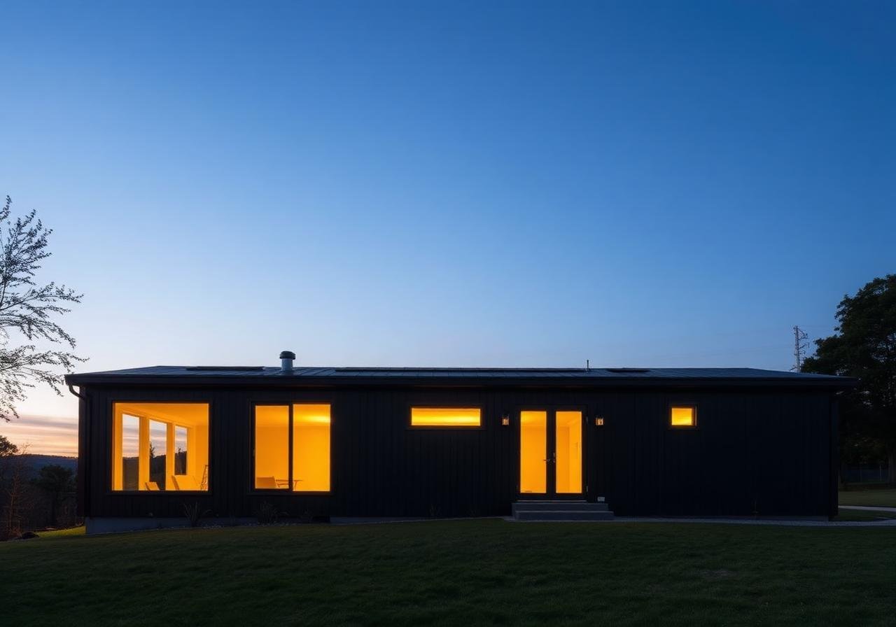 Finished prefab home at dusk